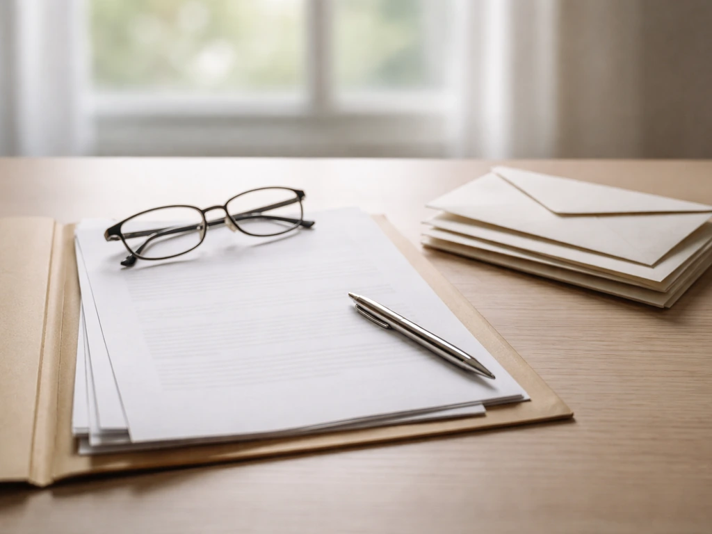 Minimal desk with blank documents, pen, and sealed envelopes symbolizing official financial sources to check.