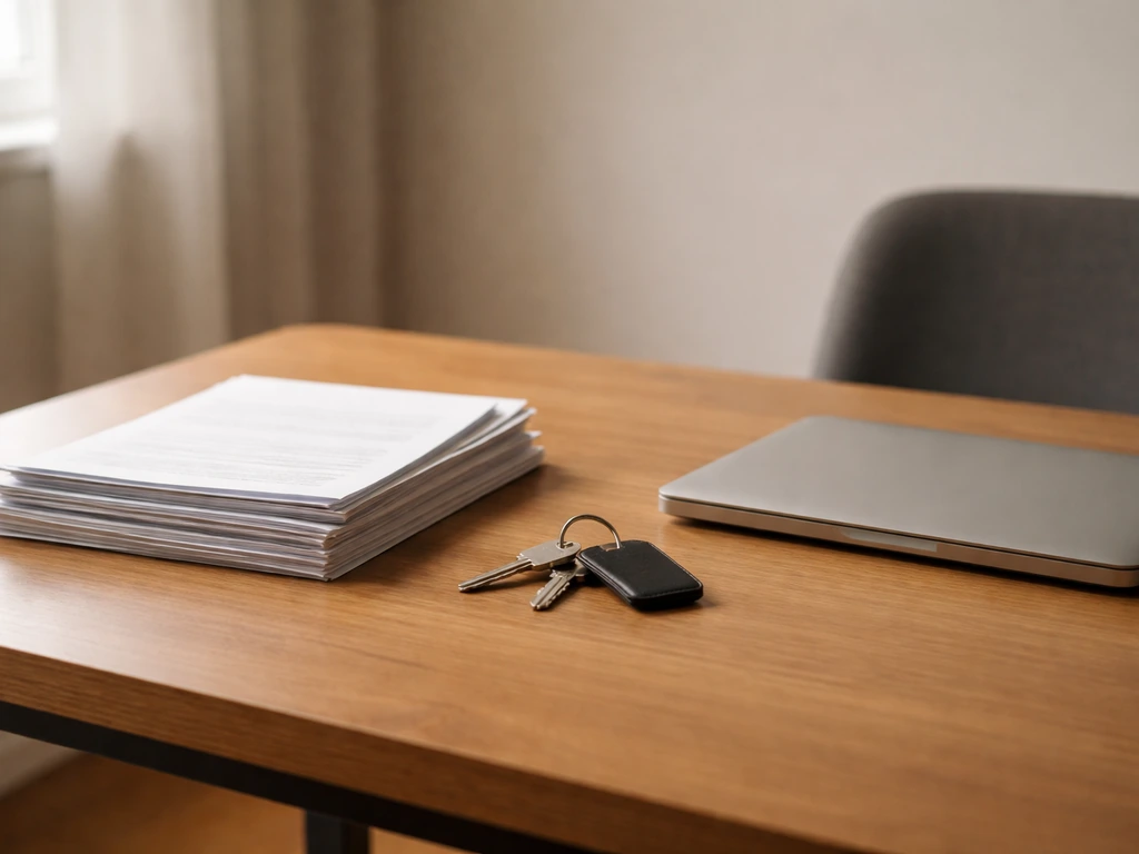 Minimal photo of a desk with a small stack of documents, a key, and a closed laptop symbolizing property assets