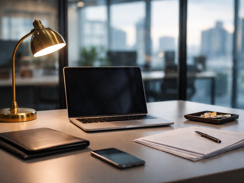 Minimal modern office desk with laptop, documents, and coins suggesting a neutral financial valuation theme.