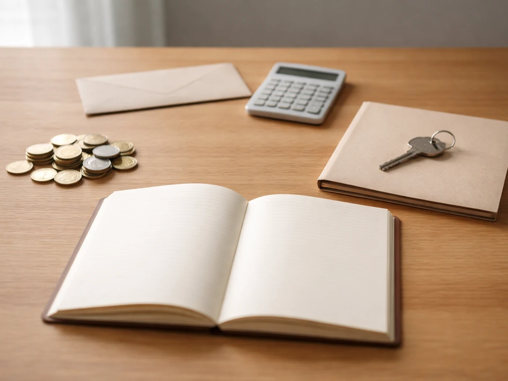 Minimal photo of a desk with a notebook showing abstract balance concepts using coins and keys, no text.