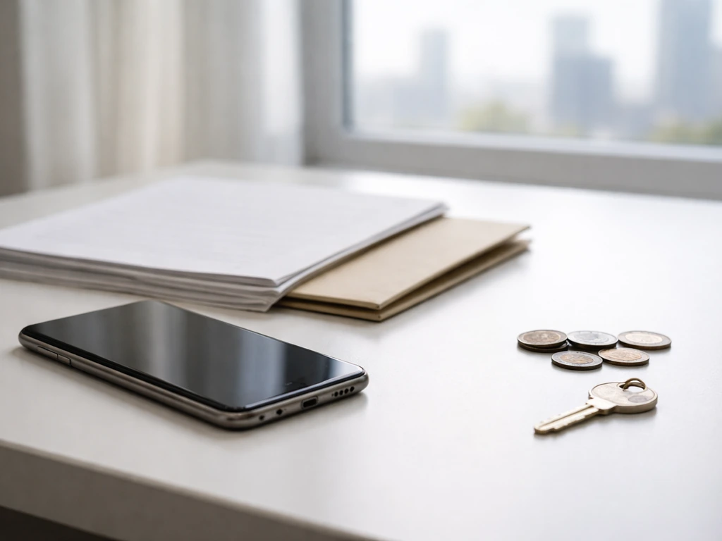 Minimal photo of a tidy desk with a smartphone, documents, and a few coins symbolizing net worth estimate.