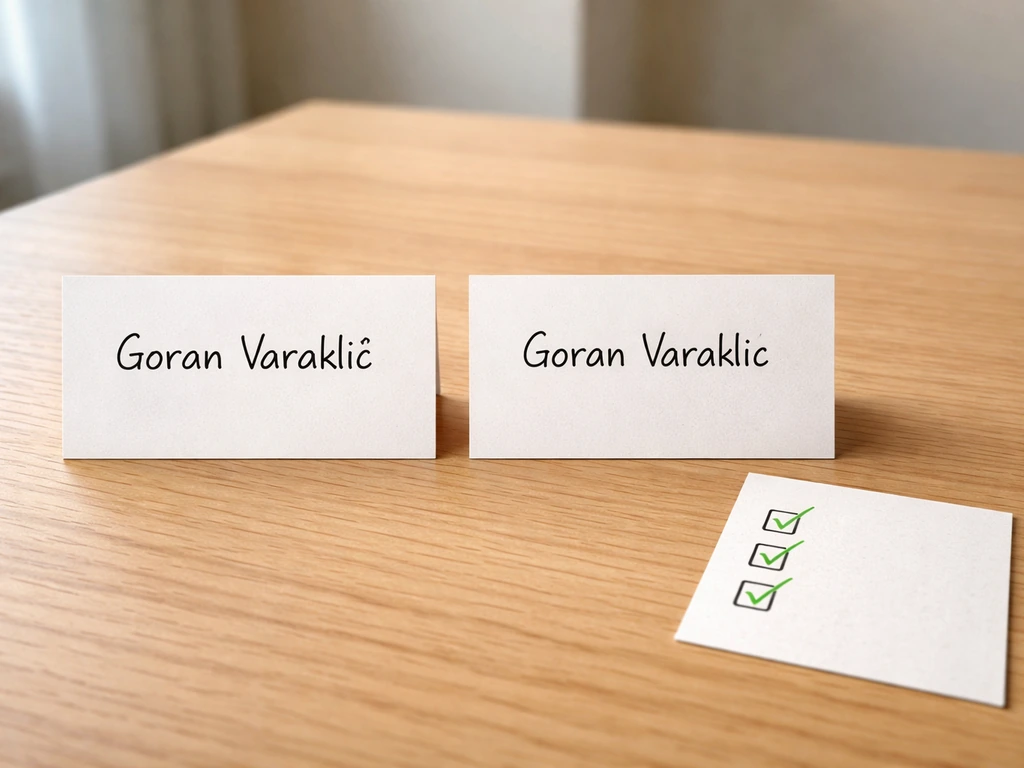 Minimal desk scene with two search-style query cards showing two spellings, diacritics highlighted, and reliability chec
