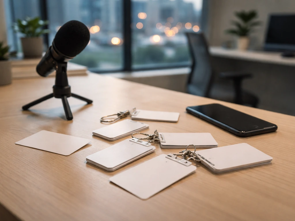 Minimal desk scene with scattered business cards, a microphone, and soft bokeh lights symbolizing mixed identities.