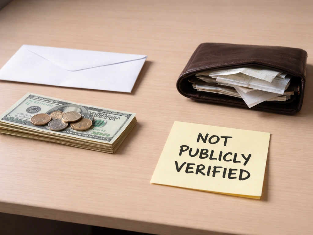 Desk scene with assets items on one side and bills/receipts on the other, highlighting verified vs not verified.