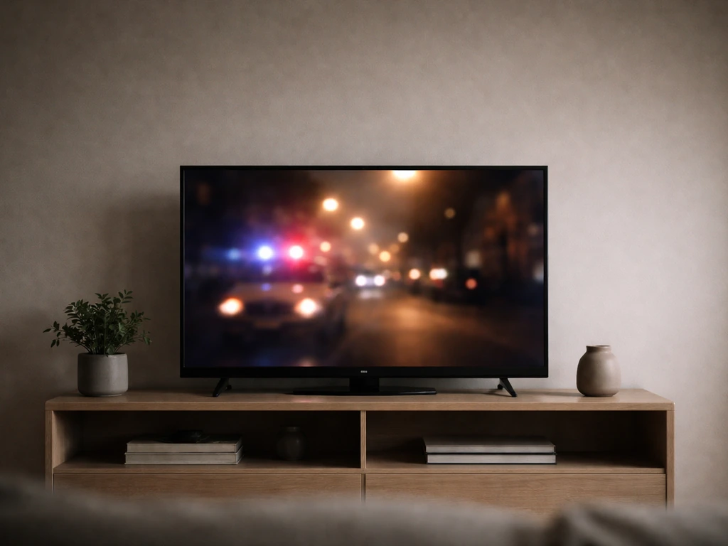 Minimal shot of a French TV drama reference: a lit living-room TV with blurred action scenes in the background.